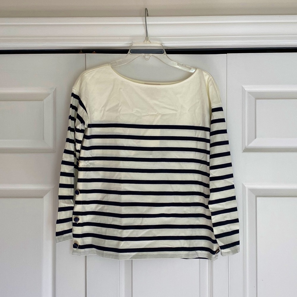 Sezane long sleeved striped shirt mariniere noan ecru and marine